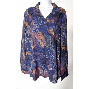Ethyl XL Blouse Top Shirt Floral Blue Brown Fall V Neck Collared Tranquilo Rayon